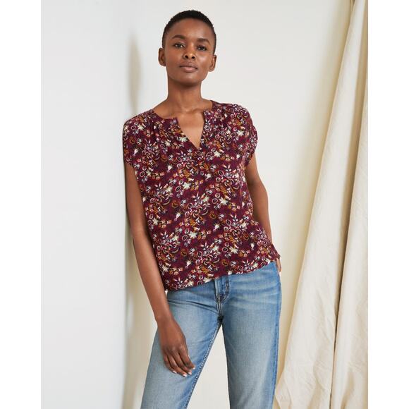 Garnet Hill Quinn Crepe Peasant Blouse Maroon Boho Paisley Floral Small - Picture 1 of 12